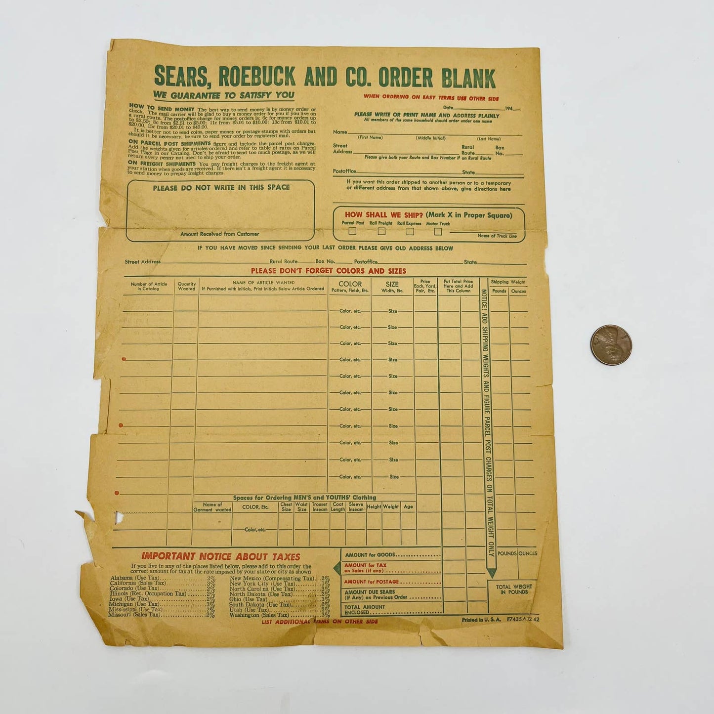 1942 Sears, Roebuck and Co. Order Blank Form D1