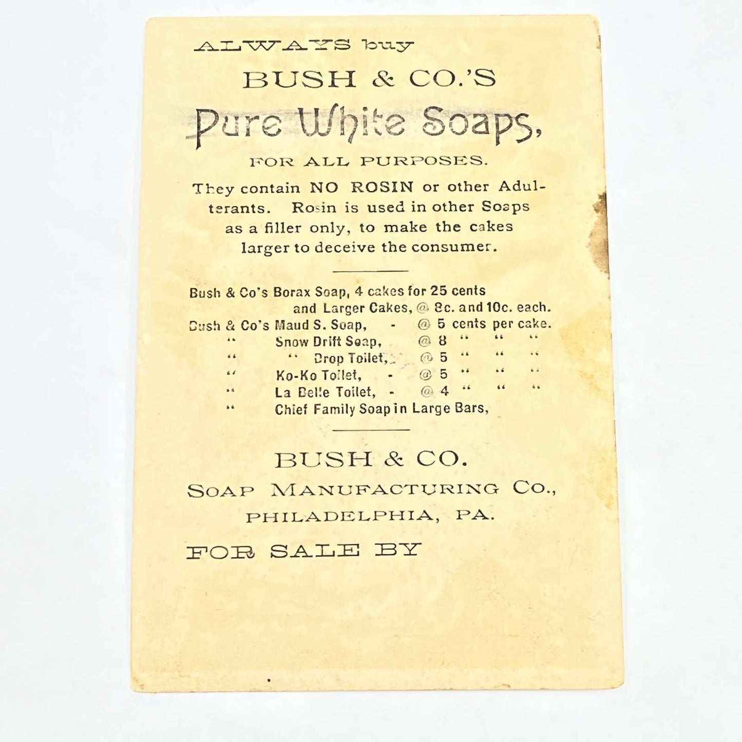 1880s Victorian Trade Card Bush & Co Soap Hughesville MD Colonial Boy AB6