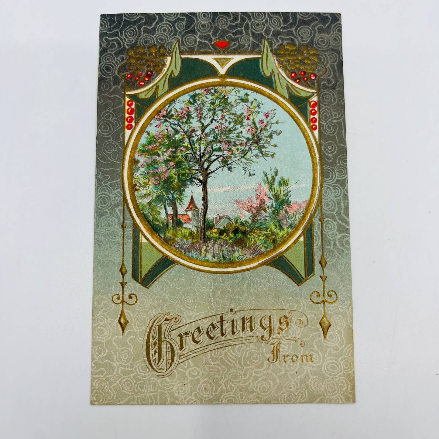 1910s Christmas Post Card Dresden Church Gilt Gradient Art Nouveau PA4