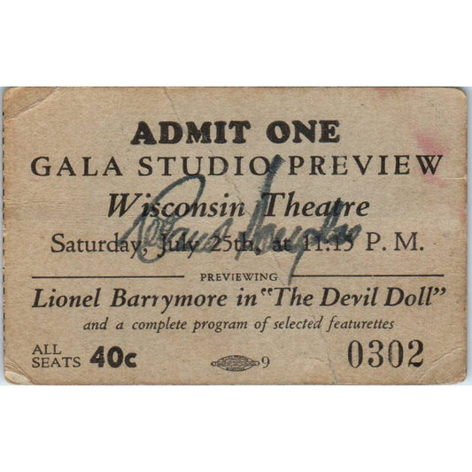 1930s Gala Studio Stub Wisconsin Theatre Lionel Barrymore The Devil Doll SE5