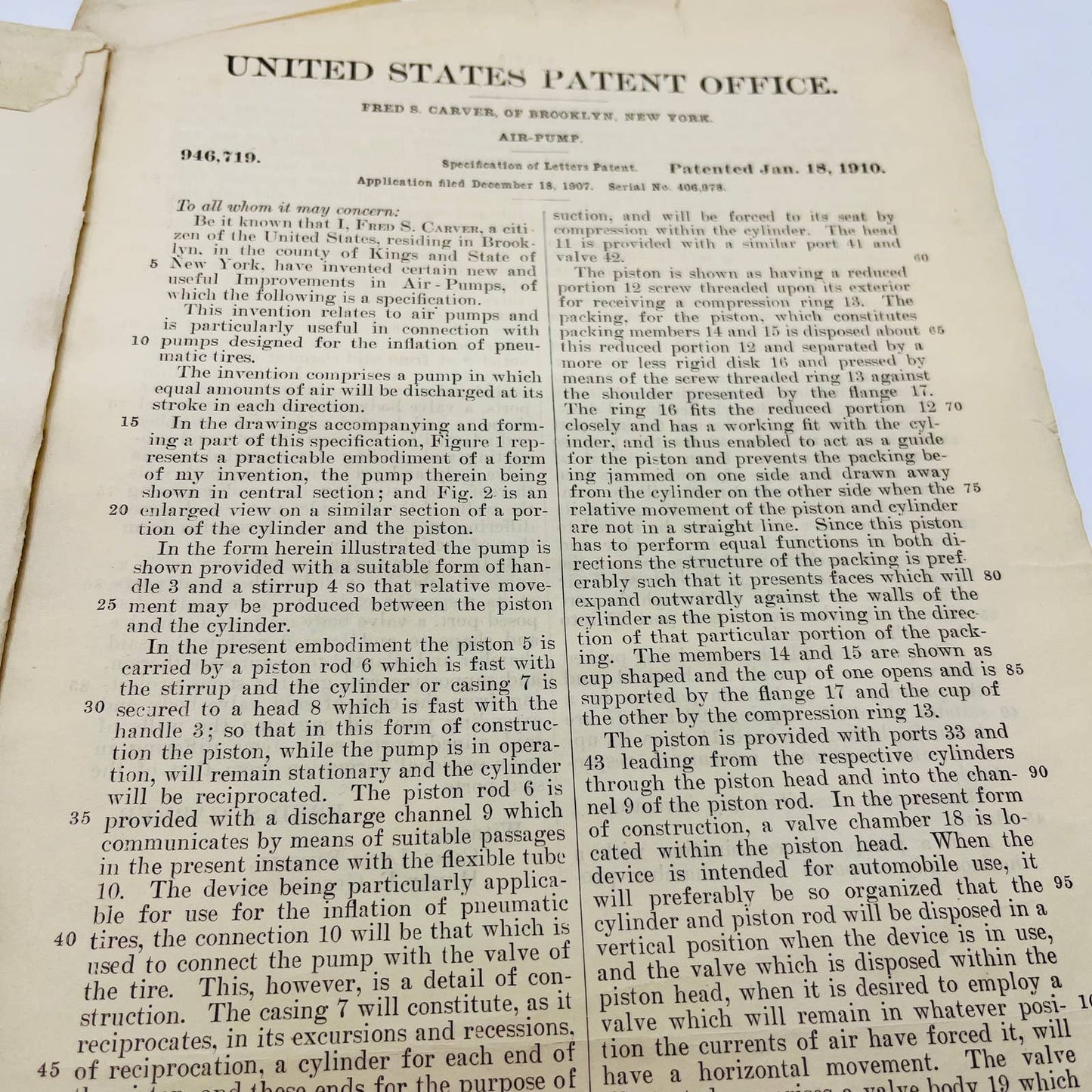 1910 US Patent F. S. Carver Air Pump Diagram and Document D1