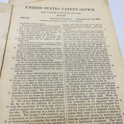 1910 US Patent F. S. Carver Air Pump Diagram and Document D1