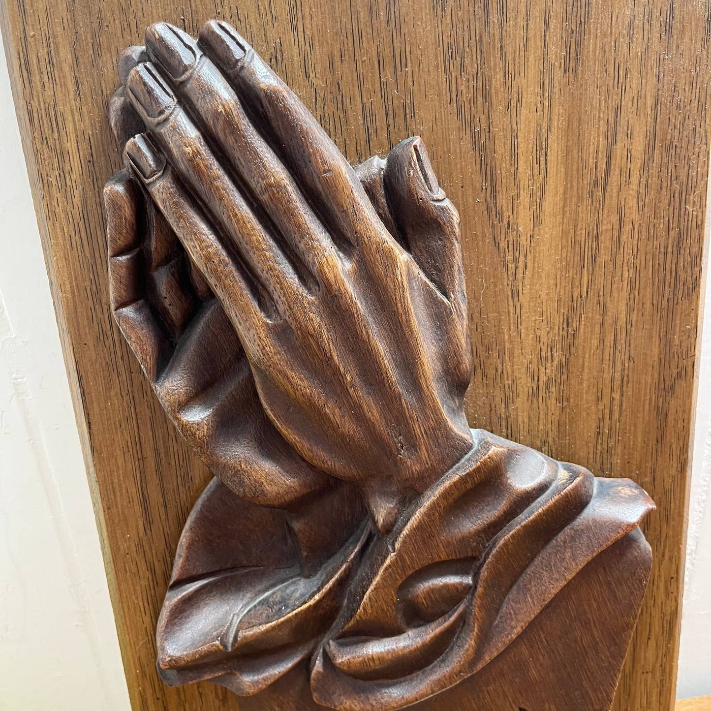 Vintage Wood Tone Praying Hands Relief Plaque Resin on Composite 9 x 15”