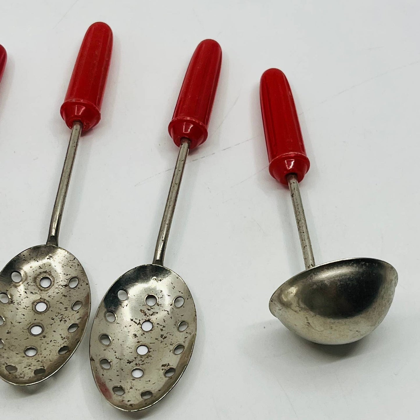 Vintage Toy Kitchen Metal 5 Piece Red Handle Kitchen Utensil Set ~5” TB6