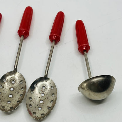 Vintage Toy Kitchen Metal 5 Piece Red Handle Kitchen Utensil Set ~5” TB6