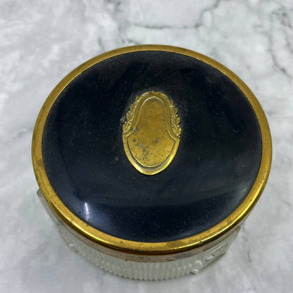 Vintage Art Deco Vanity Jar w/ Brass Embossed Lid w/ Patina 3.5" TE4
