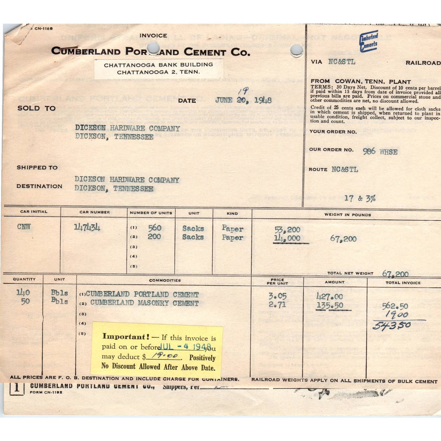 1948 Cumberland Portland Cement Co Billhead Set Chattanooga TN AD5