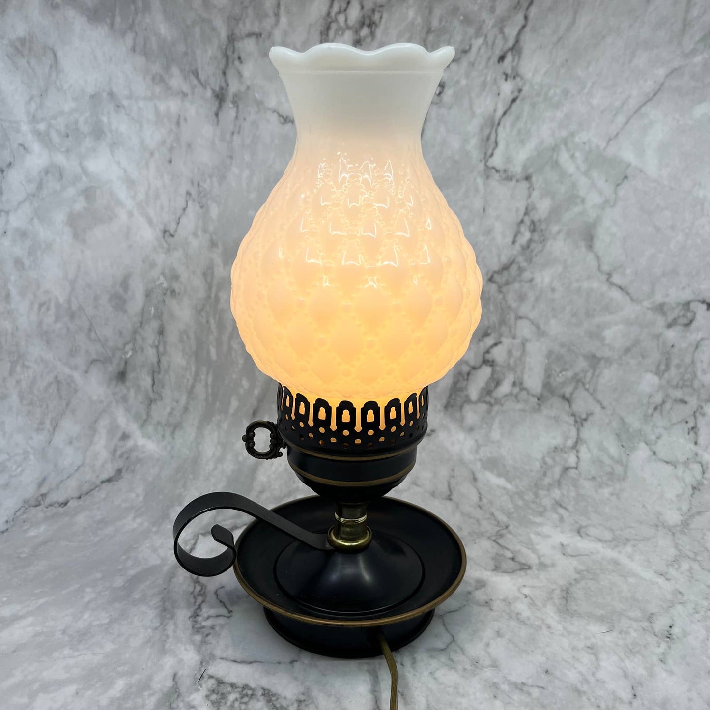 Vintage Quilted Milk Glass Electric Hurricane Lamp Metal Base 5x11 WORKS TA1
