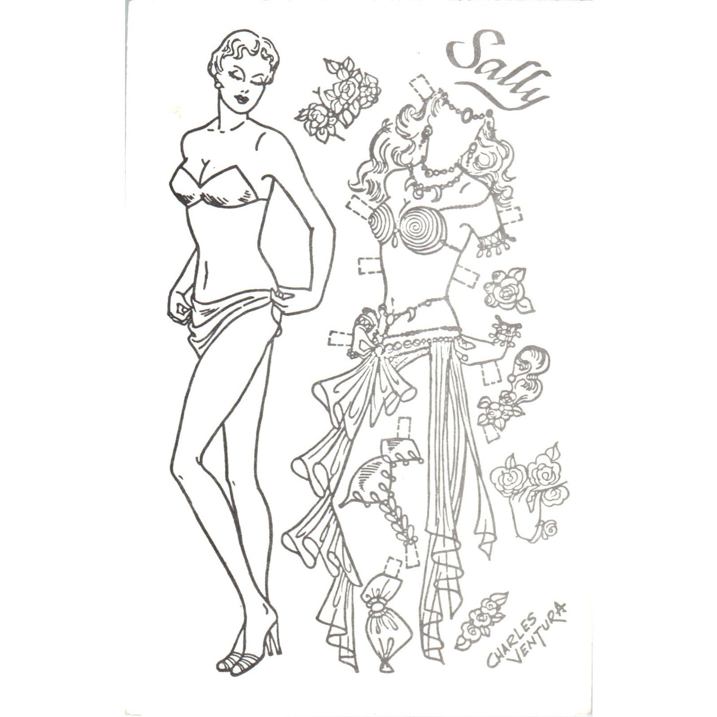 Charles Ventura Paper Doll Cut and Color "Sally" Postcard PB6