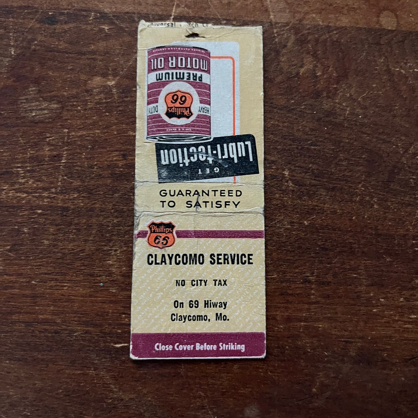 Phillips 66 Motor Oil Service Claycomo MO Advertising Matchbook Cover SA9-M13