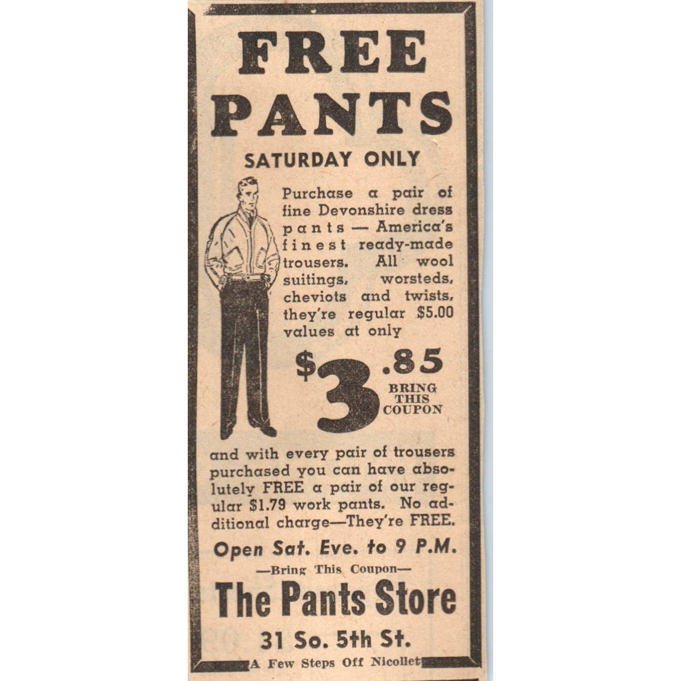 1935 Minneapolis Journal Newspaper Ad The Pants Store 31 S. 5th St.  FL5-6