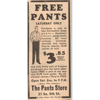 1935 Minneapolis Journal Newspaper Ad The Pants Store 31 S. 5th St.  FL5-6