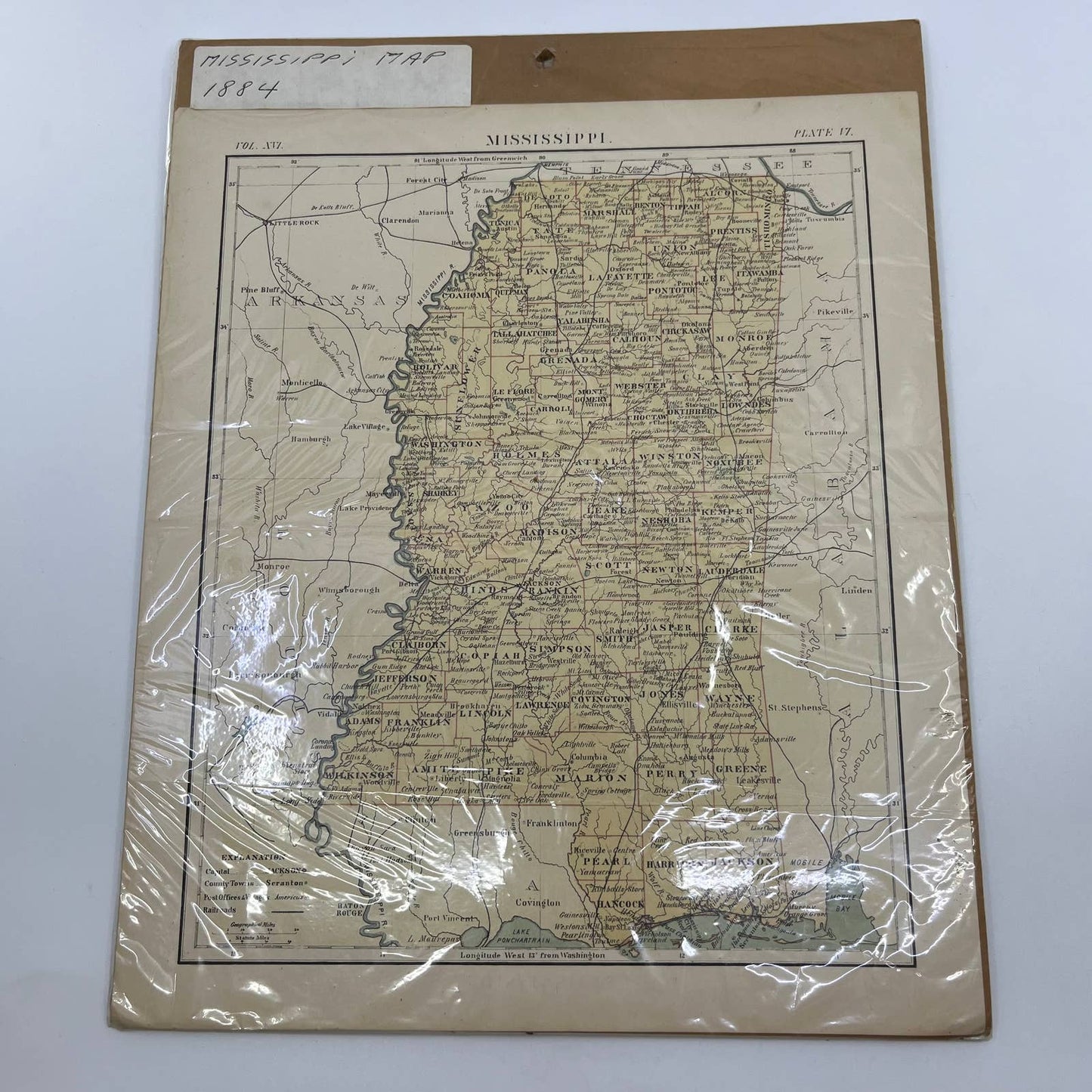 1884 Engraved Tinted Map of Mississippi 10 x 13" TC7