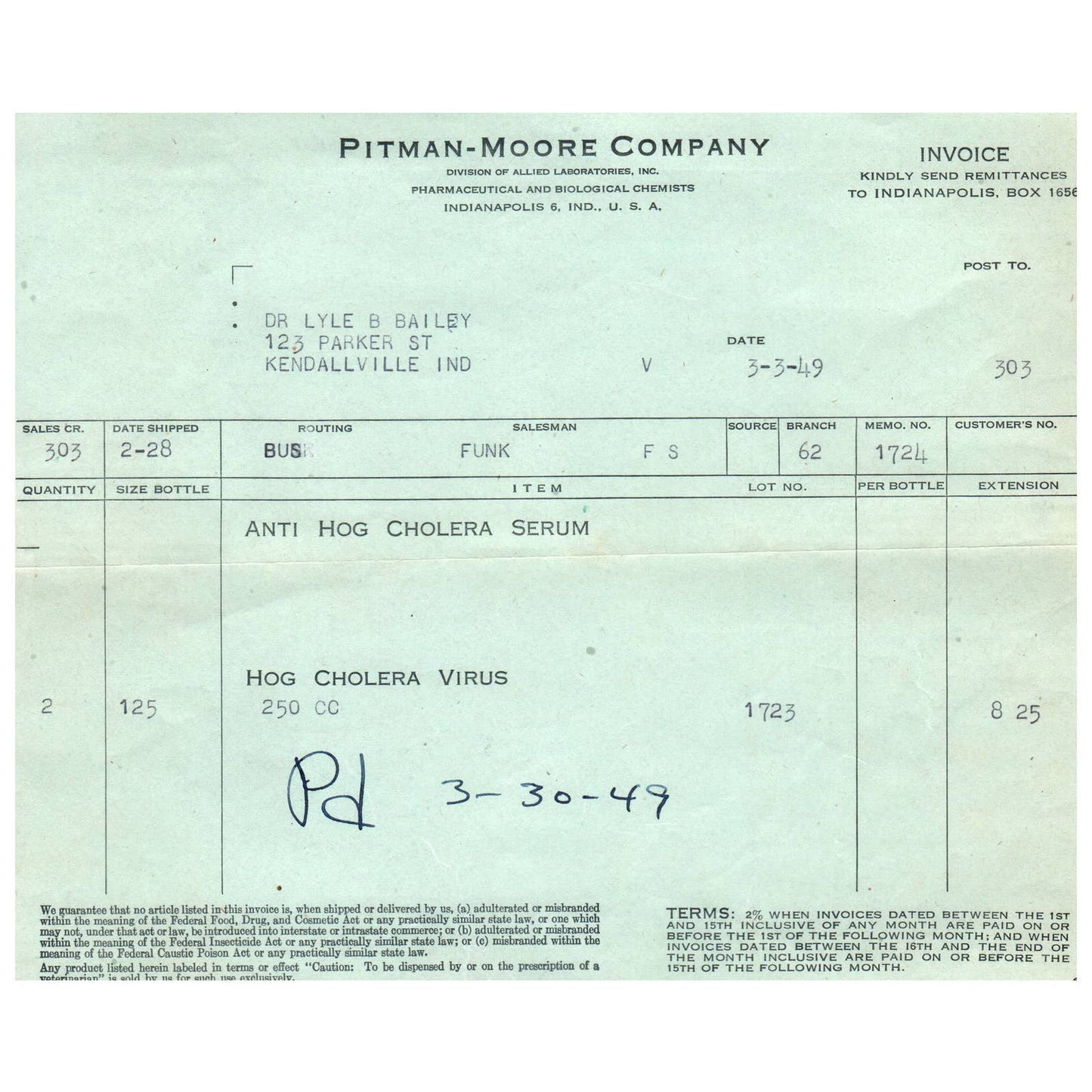 1949 Pitman-Moore Co Veterinary Hog Cholera Receipt Indianapolis IN AD8-2