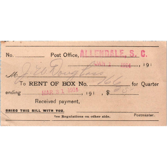 1910s Post Office Box Rent Card J.W. Douglass Allendale SC SE4