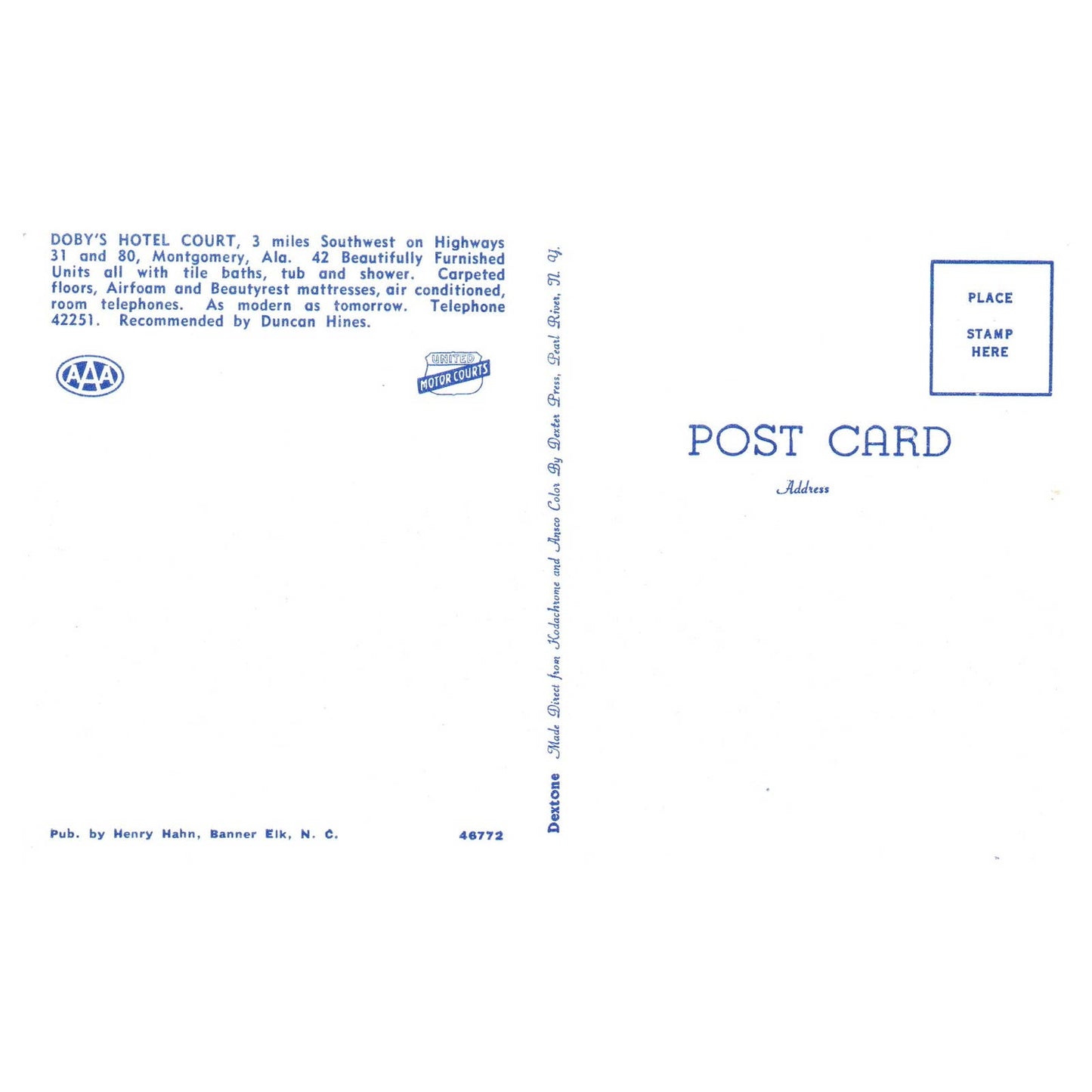 Doby's Hotel Court AAA Montgomery Alabama - Postcard TJ8-2