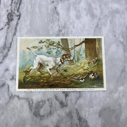 1880s Embossed Christmas Victorian Trade Card Hunting Pointer Dog EA4-2