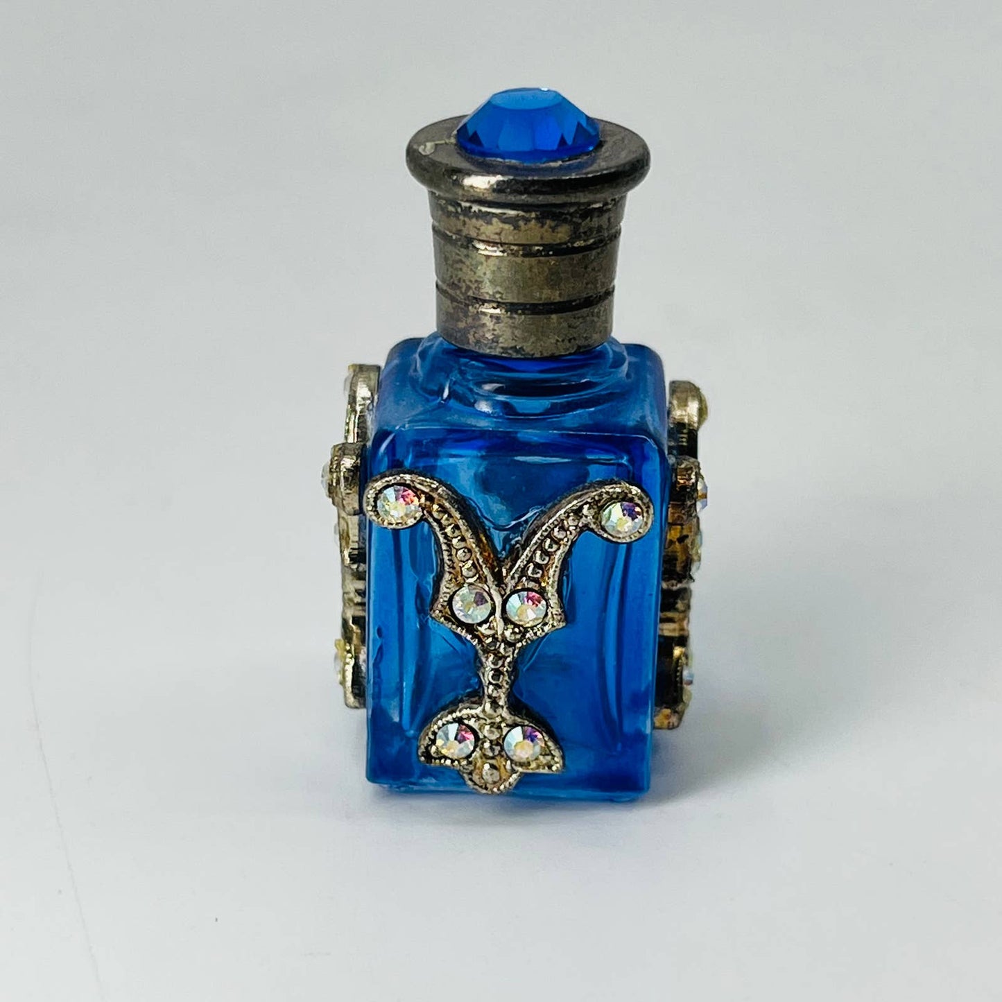 Vintage Mini Cobalt Blue Rhinestone Perfume Bottle 1 1/4” SA6