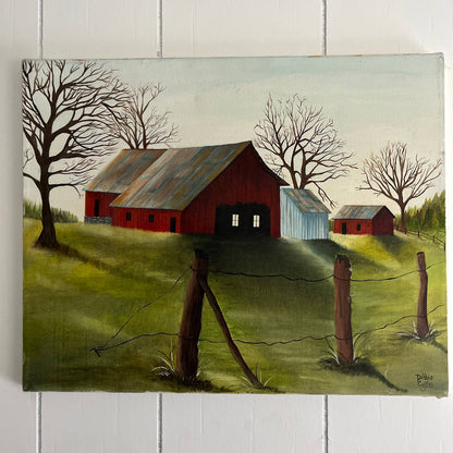 Vintage Kitsch Original Art Oil Painting Red Barn Signed Debbie Curtis 16x20"