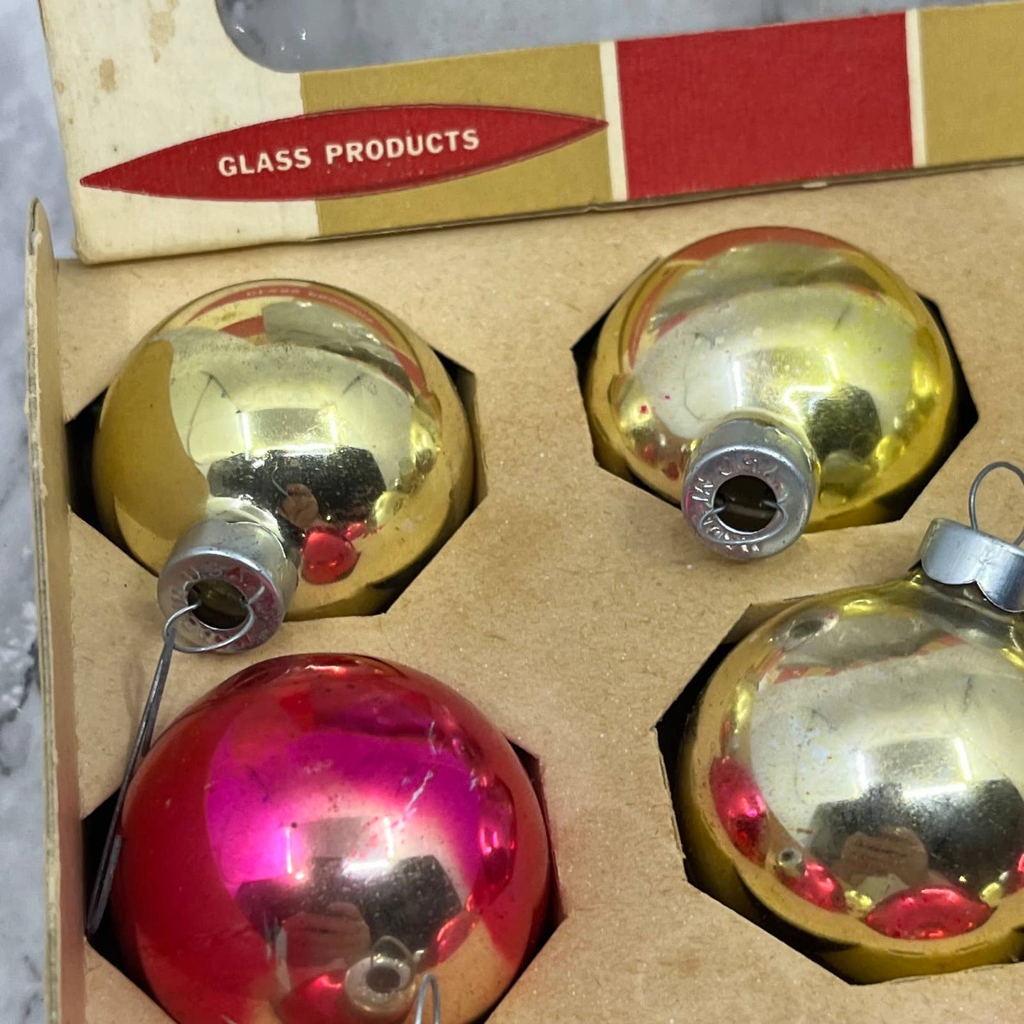 Coby 12 Vintage 1 3/4" Mercury Glass Ornaments Original Box Red Gold OT1