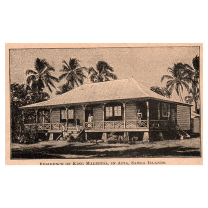 King Malietoa Residence Apia Samoa Islands 3x4" Original Engraving 1899 TJ8-5