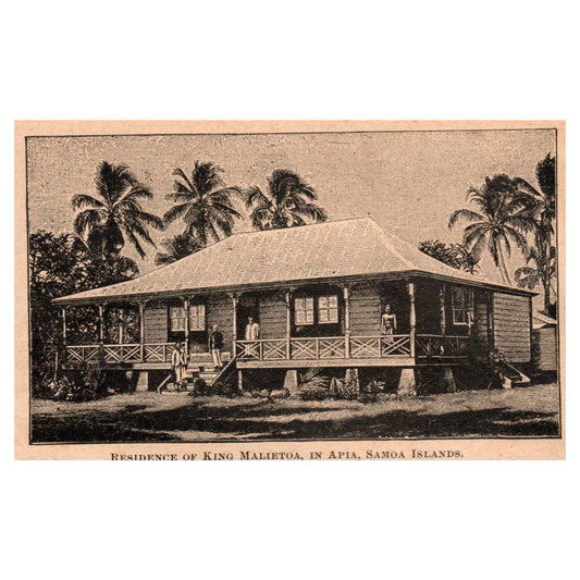 King Malietoa Residence Apia Samoa Islands 3x4" Original Engraving 1899 TJ8-5