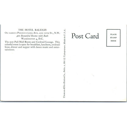 Hotel Raleigh Pall Mall Room Washington D.C. Original Postcard TK1-P2