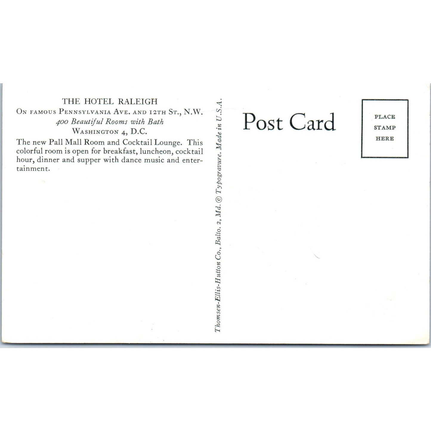 Hotel Raleigh Pall Mall Room Washington D.C. Original Postcard P1-16