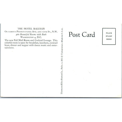 Hotel Raleigh Pall Mall Room Washington D.C. Original Postcard P1-16