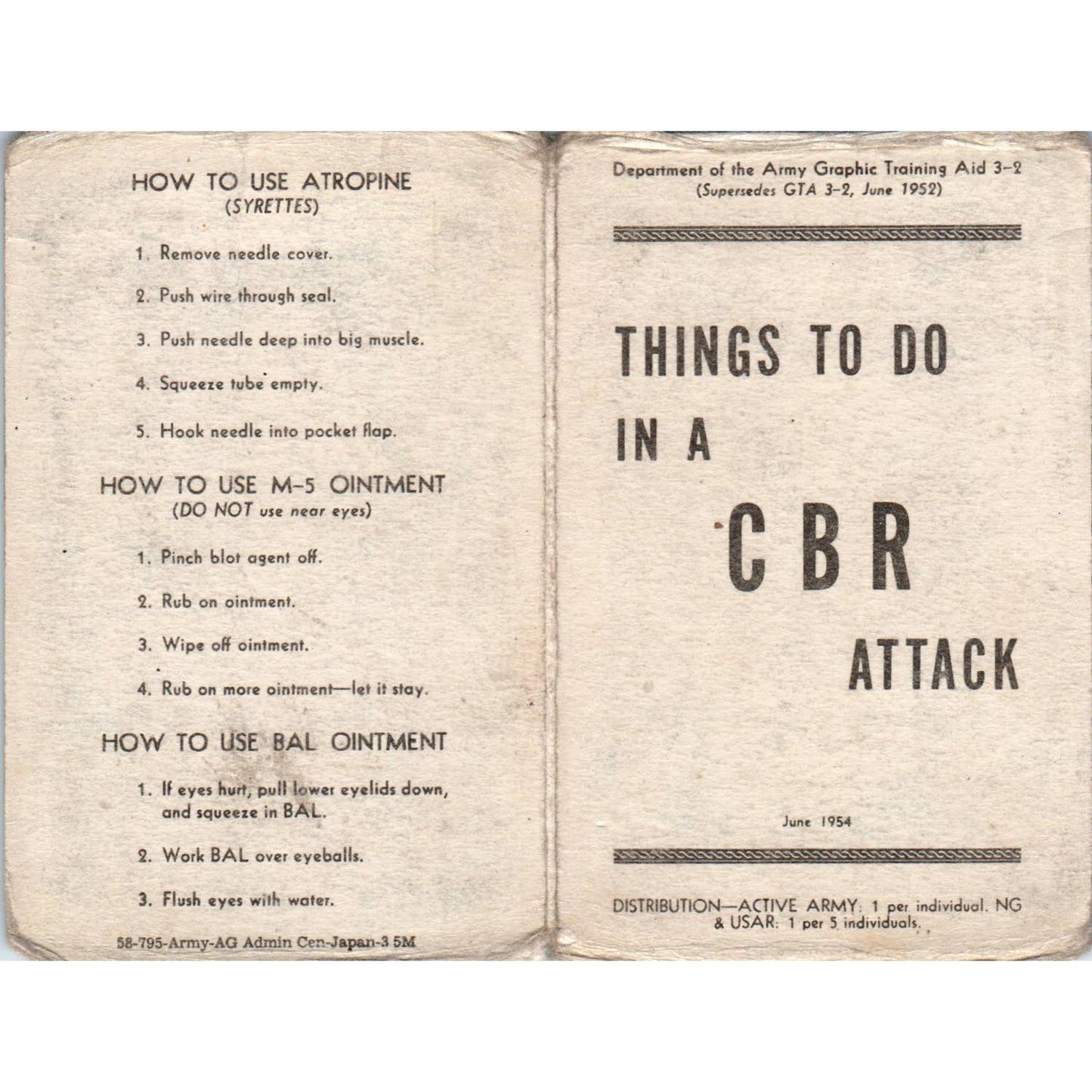 1954 Things To Do In a CBR Attack Dept. Of Army Pocket Card EA3