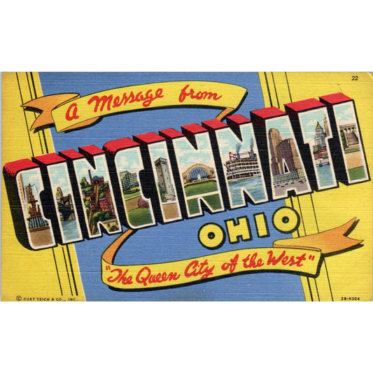 Vintage Postcard A Message From Cincinnati Ohio Queen City of the West TD9