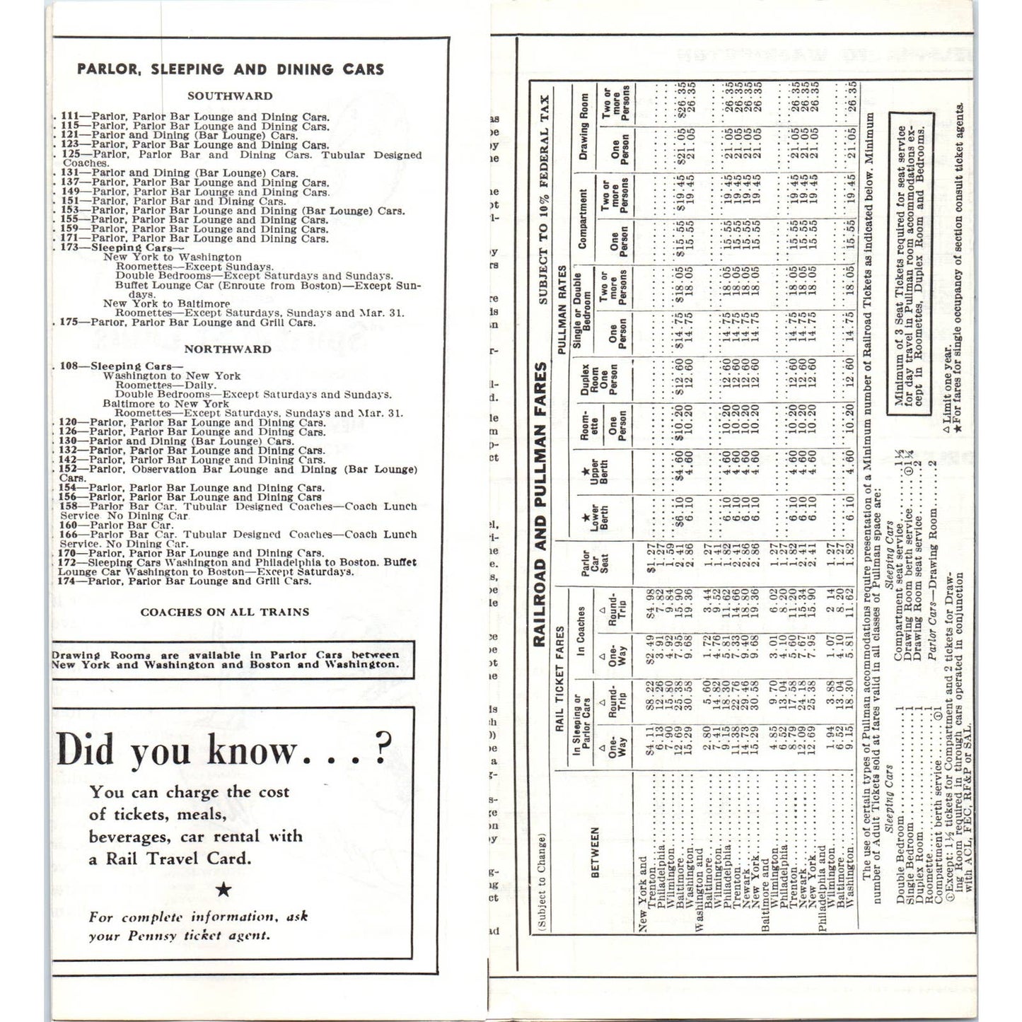 c1961 Pennsylvania RR New York Philadelphia Baltimore Washington Timetable SE8