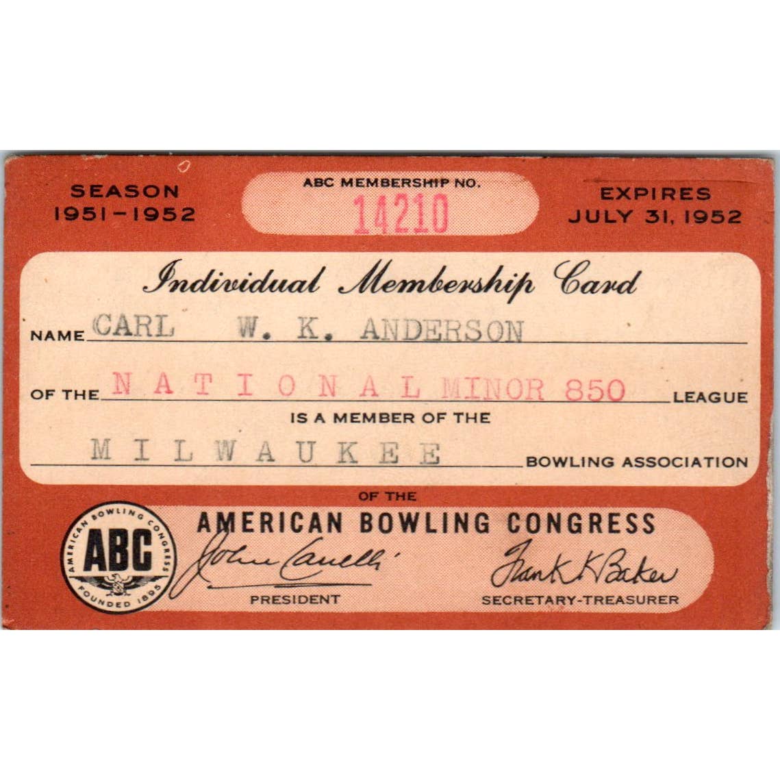 1951 American Bowling Congress Milwaukee Membership National Minor 850 SE5-41