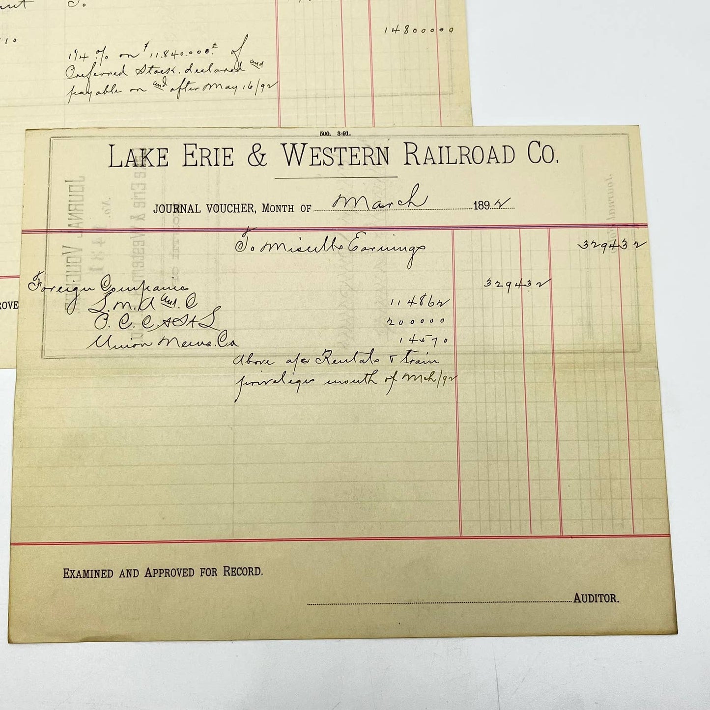 1892 Lake Erie & Western Railroad Co. Journal Voucher RR Lot of 2 AB1-6