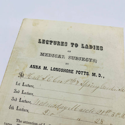 1860s Civil War Era Invitation to “Lectures to Ladies” Anna Longshore Potts D3