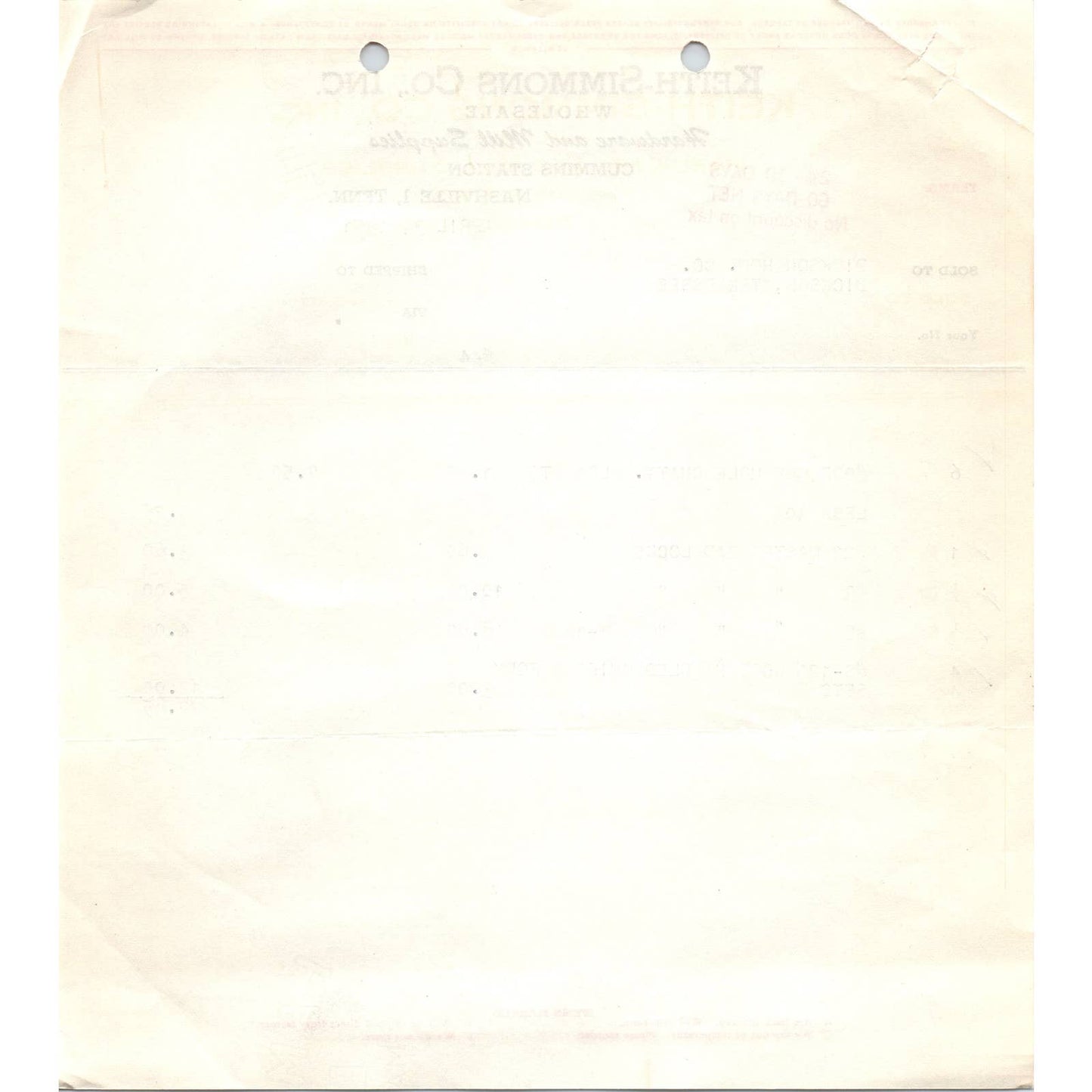 1951 Keith-Simmons Co Inc Billhead Receipt Hardware & Mill Supplies Nashville TN AD5-2