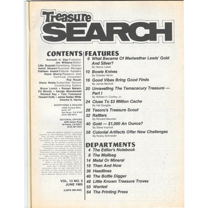 Treasure Search Magazine 1985 June Metal Detecting Gold Diamonds M2