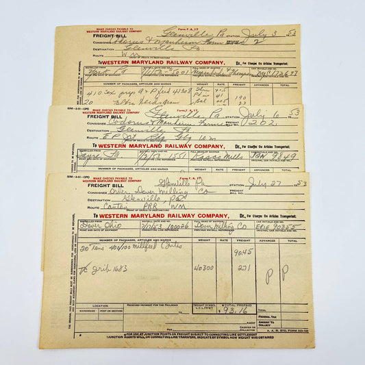 1953 Western Maryland Railway Company Bill of Freight Lot of 3 AA8