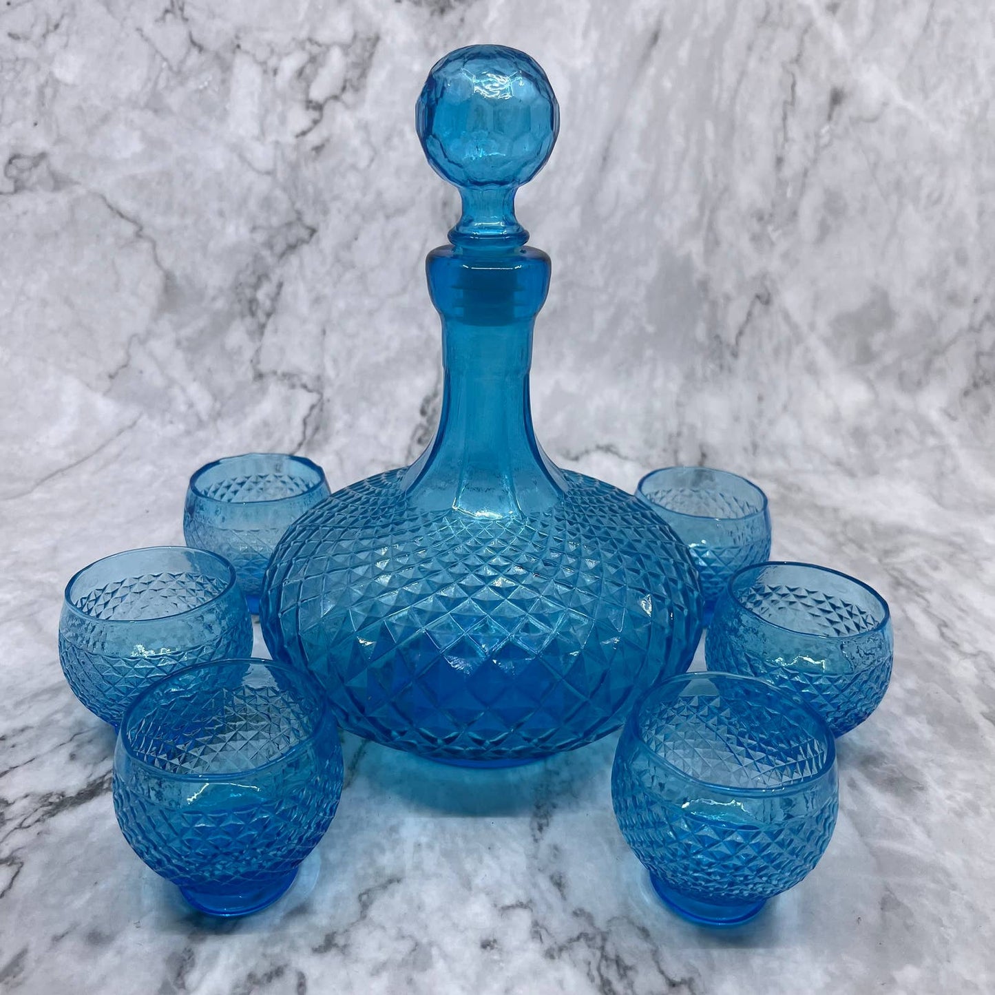 1960s MCM Blue Glass Empoli Italian Diamond Cut Decanter Set w/ 6 Glasses TJ7