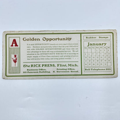 1910s Blotter Card The Rice Press Golden Opportunity Jan Calendar Flint MI SC8