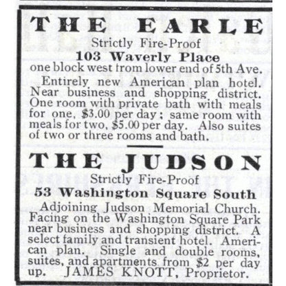 The Earle & The Judson Hotels Manhattan NY James Knott - 1903 Original Ad TJ7-S9