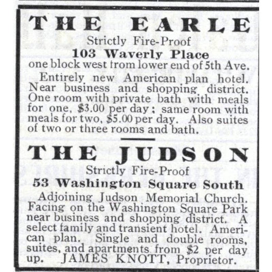 The Earle & The Judson Hotels Manhattan NY James Knott - 1903 Original Ad TJ7-S9