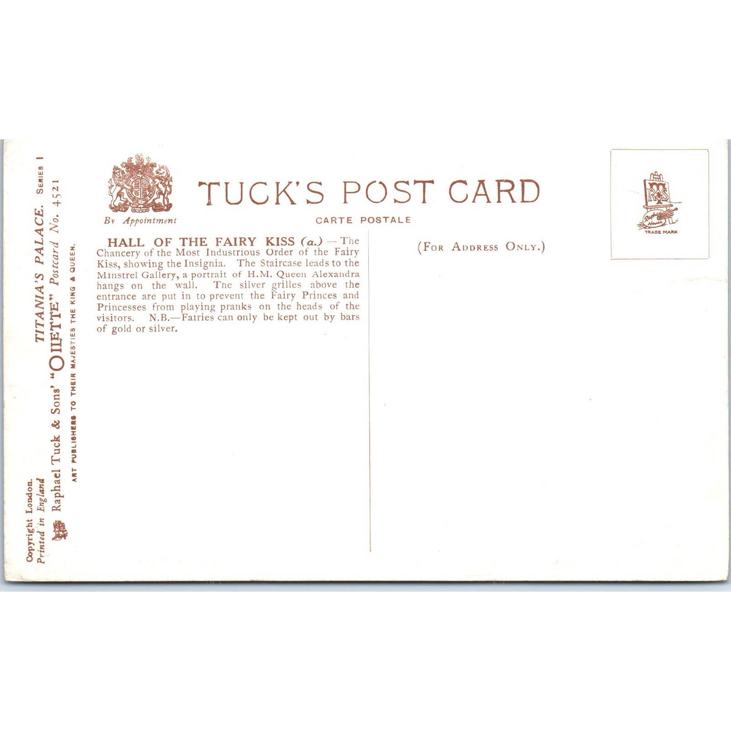 Titania's Palace Hall of the Fairy Kiss A Raphael Tuck Oilette Postcard TK1-P14