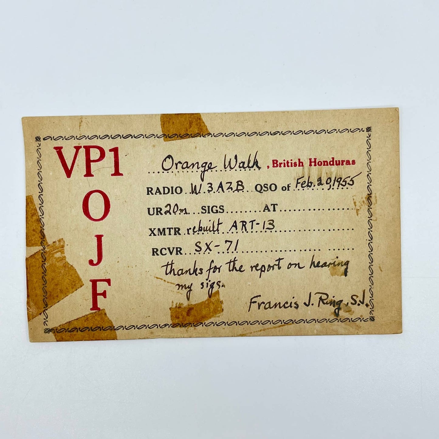 1955 QSL Radio Card VP1OJF Orange Walk British Honduras Francis J. Ring SC6