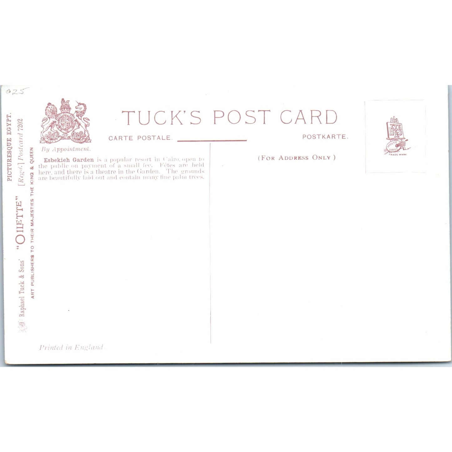 Egypt Ezbekieh Garden Raphael Tuck Oilette Original Postcard P3-2
