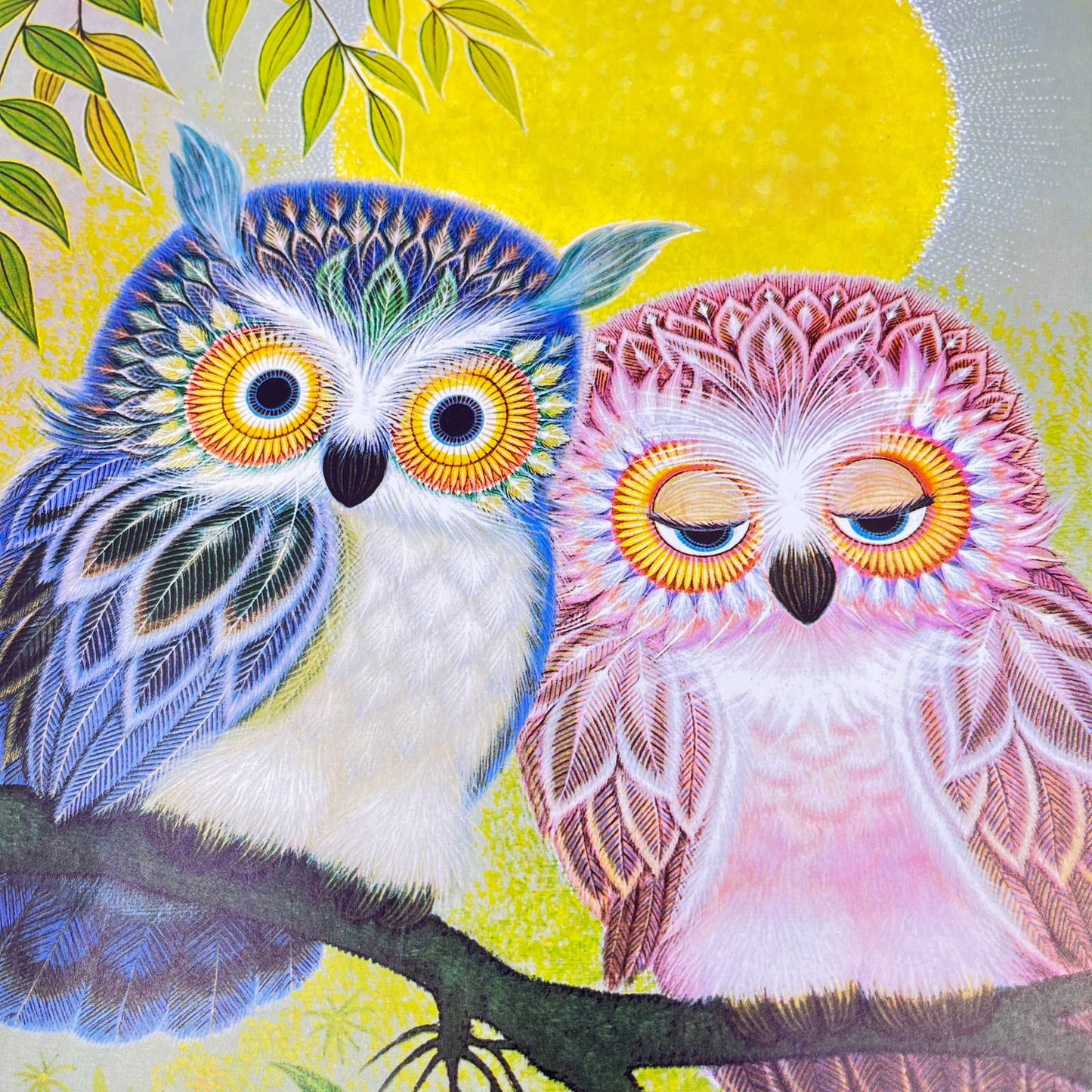 1973 Kitschy Donald Art Co. Boy & Girl Owl in Tree Lithograph K Chin 9 x 12” FL3