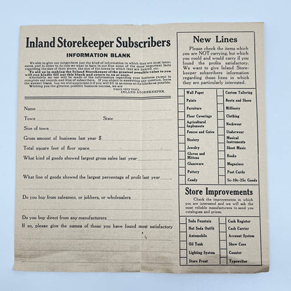 1923 Inland Storekeeper Magazine Subscriber Information Blank AA8