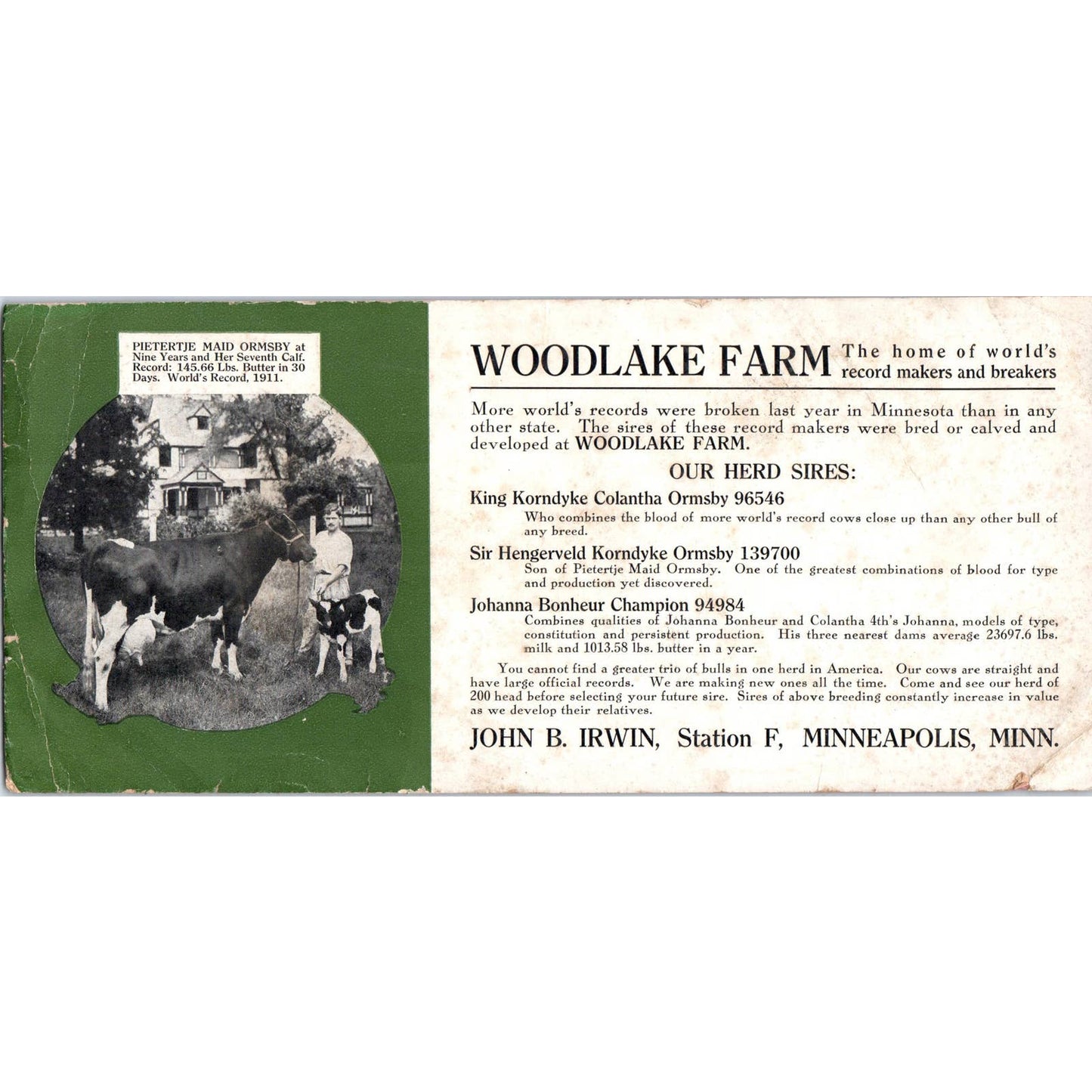 Vintage Blotter Card - Woodlake Farm Minneapolis MN John B. Irwin SE3-4