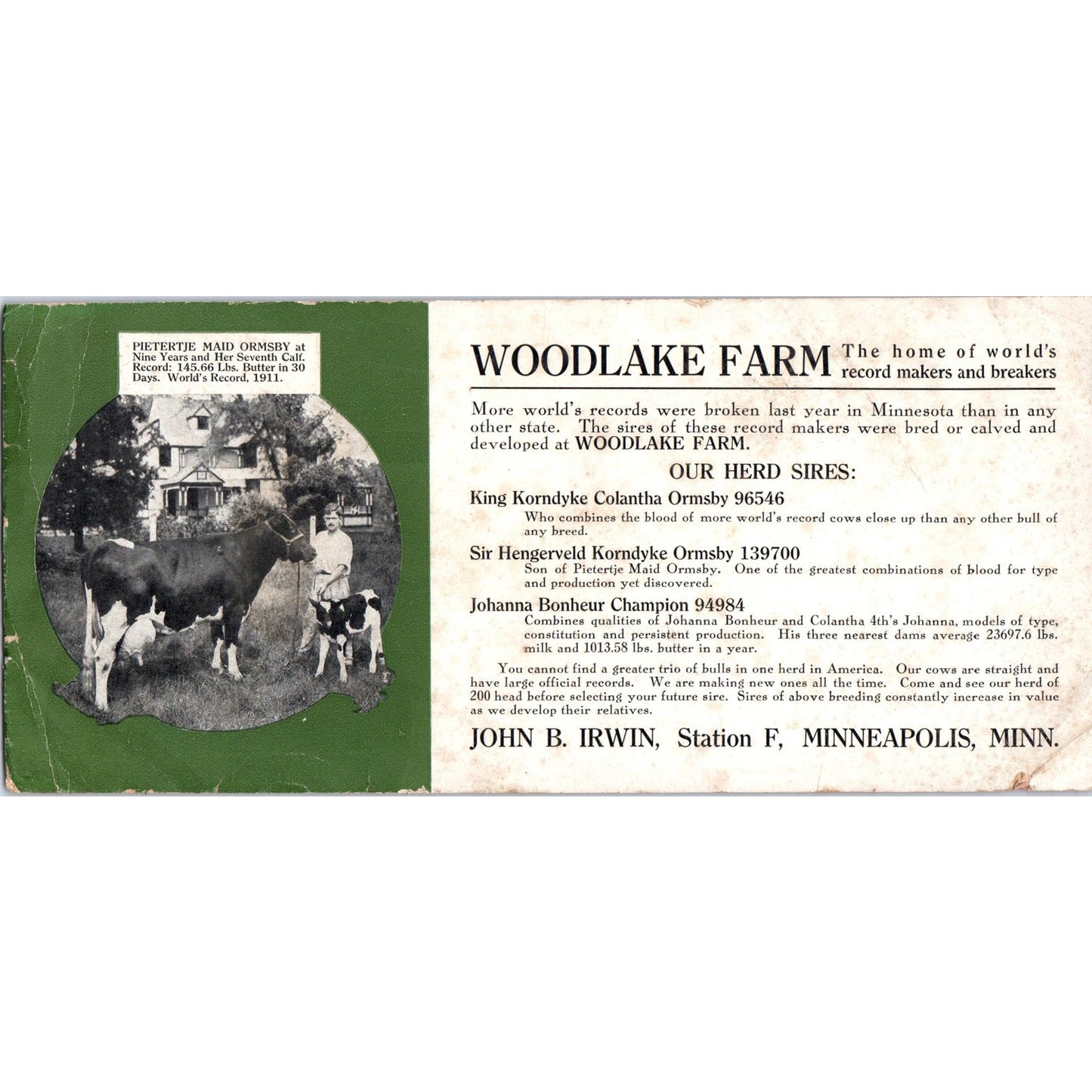 Vintage Blotter Card - Woodlake Farm Minneapolis MN John B. Irwin D24