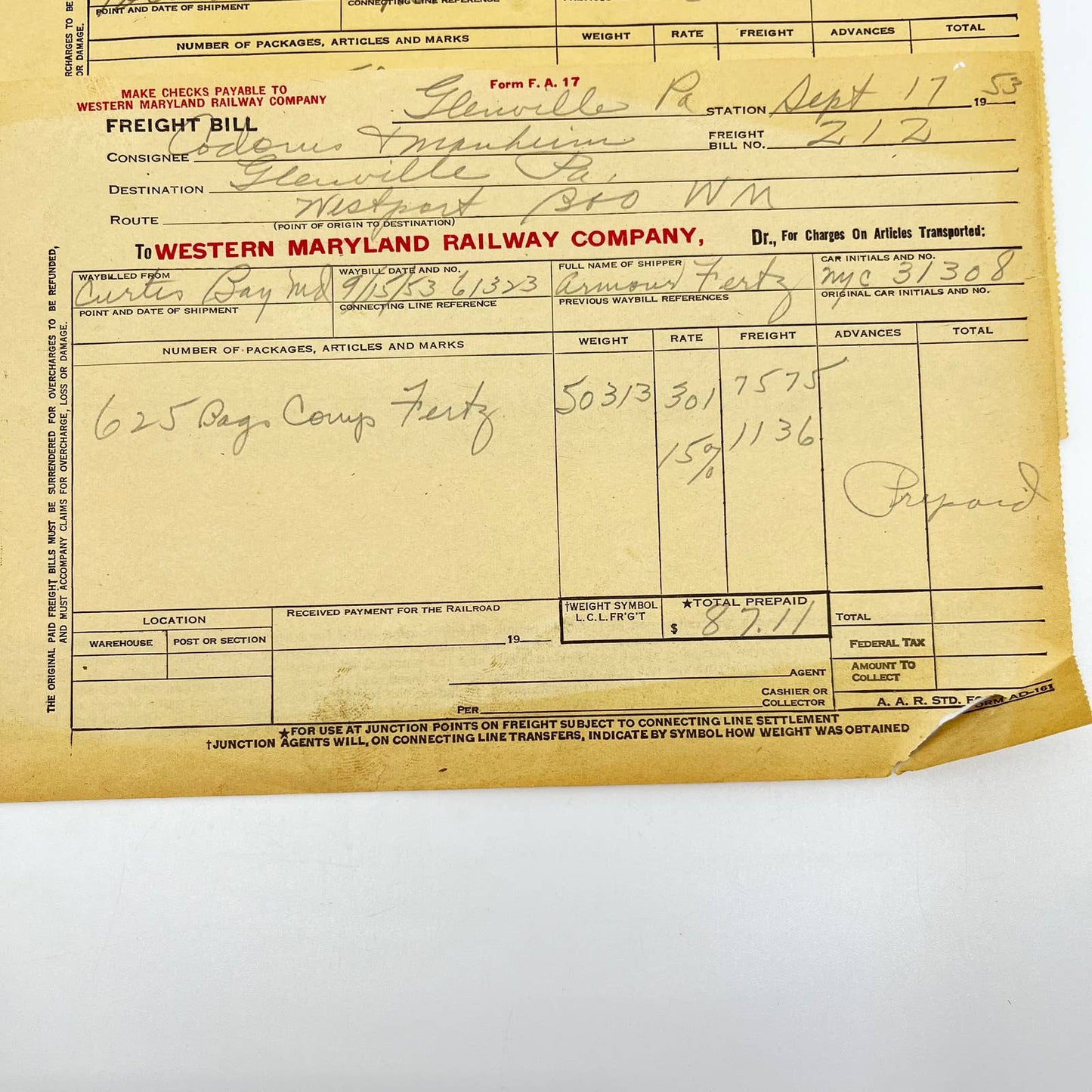 1952-53 Western Maryland Railway Company Bill of Freight Lot of 3 AA8